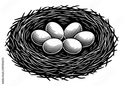 A detailed illustration of a bird's nest containing five eggs, perfect for spring and nature themes