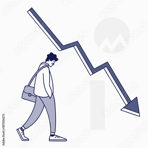 Man walking under downward trend arrow graph