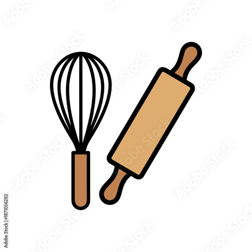 Essential baking tools icon featuring a whisk and rolling pin, perfect graphic illustration for culinary projects, recipe designs, and kitchen-themed interfaces