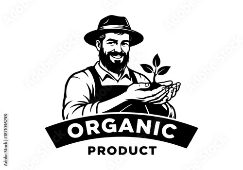 Vintage Farmer with Plant Illustration for Organic Product Branding