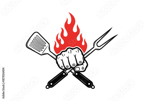 Powerful Fist Grasping BBQ Spatula and Fork with Flames Symbolizing Strength and Cooking Expertise for Culinary Enthusiasts