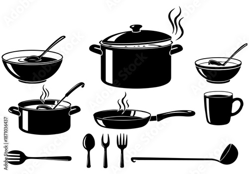 Collection of kitchen cookware and utensils for cooking and food preparation, including pots, pans, bowls, and cutlery, in a graphic illustration style