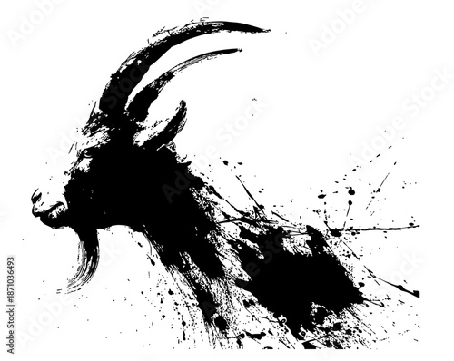 Chinese new year goat zodiac brush painting with dynamic ink strokes on white background