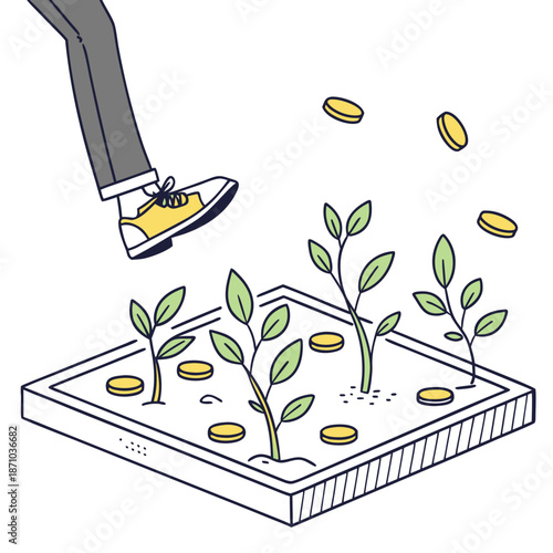 Person stepping on floating platform with small green plants and gold coins