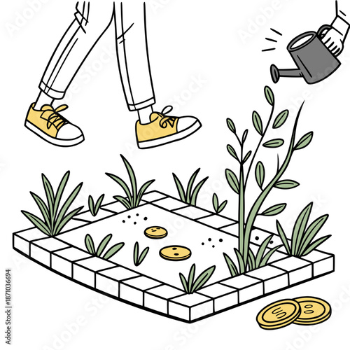 Person watering plant on floating platform with coins