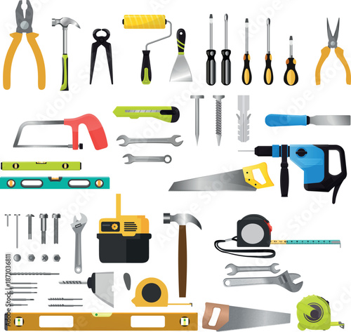 Realistic Carpenter Tools Icons Collection, Woodworking and Construction Equipment Vector Illustration
