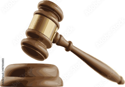 Wooden judge gavel, legal justice symbol, courtroom authority, law decision hammer, auction concept, isolated illustration for legal services, marketing, design