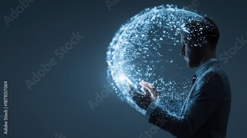Man holding illuminated globe representing global technology digital innovation concept