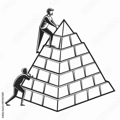 Black and white of two men building a pyramid of silver cubes
