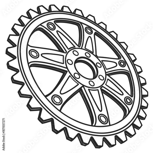 Black and white of a gear with a toothed rim and bolted center plate