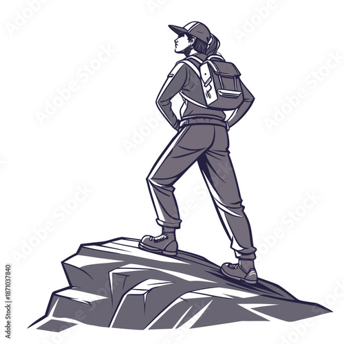 Confident adventurer standing on jagged cliff rock