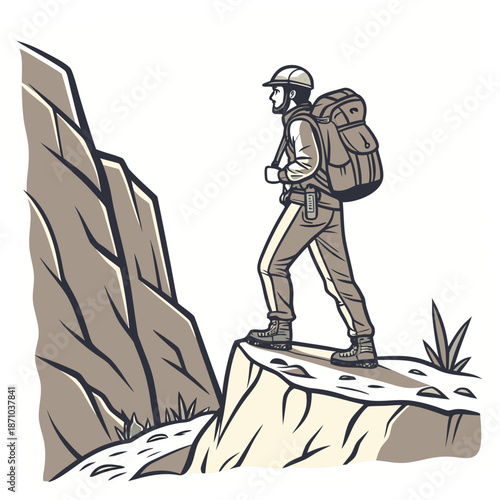 Explorer standing on elevated canyon rock with backpack