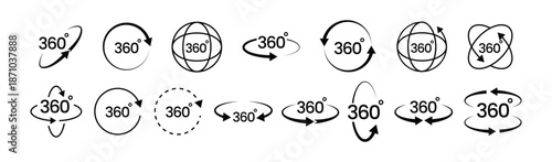 360 degrees vector icon set. Round signs with arrows rotation to 360 degrees. 360 degree complete angle or a full angle. 360 degrees logo, label, badge, symbol, banner, circle, black, line, isolated. 