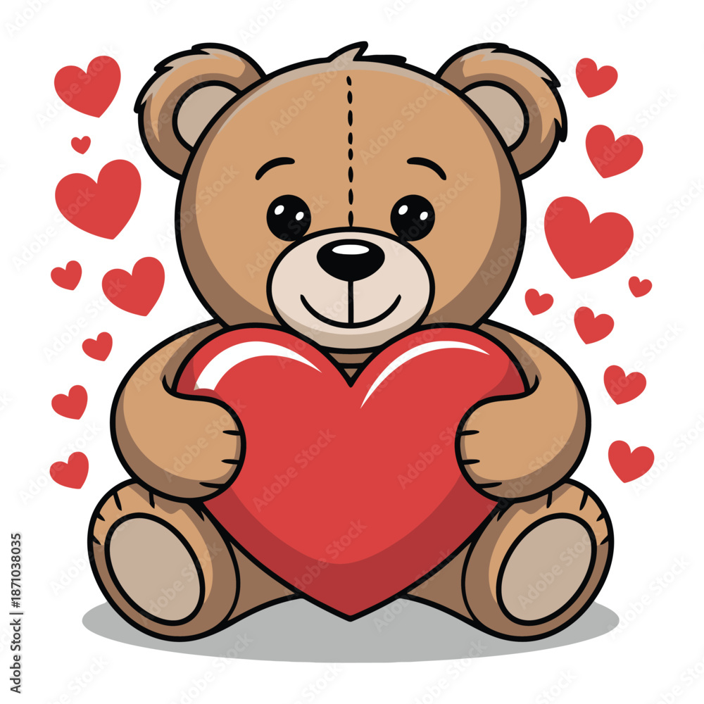 Fototapeta premium Cute brown teddy bear illustration holding a large red heart for a t-shirt design template and Valentine fashion apparel wear concept.