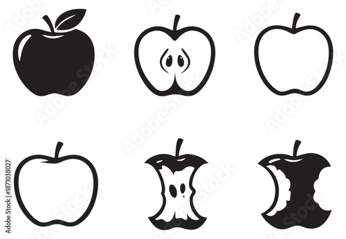 Minimalist black and white apple set featuring whole apples, sliced apples, and apple cores for fruit and healthy eating concepts
