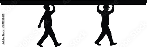 Construction worker silhouettes carrying beam showing teamwork strength labor industrial job isolated black icons on white background vector illustration