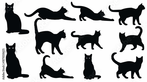 Collection of Black Cat Silhouettes in Various Poses.