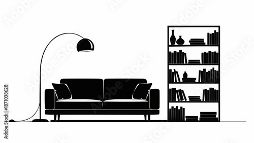 Modern living room interior with comfortable sofa, floor lamp, and filled bookshelf.
