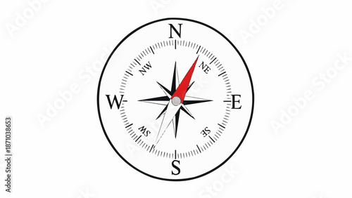 A classic white compass with a red needle pointing north.