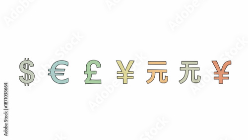 Various international currency symbols displayed in a row.
