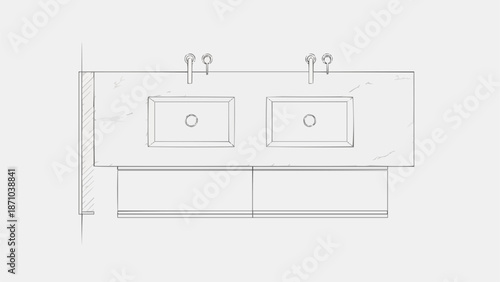 Modern Double Sink Vanity with Storage and Faucets Top View.