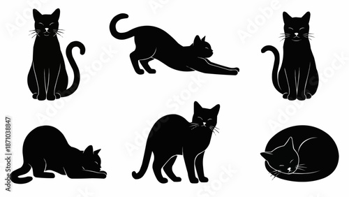 Collection of Black Cat Silhouettes in Various Poses.