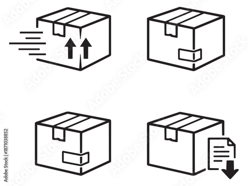 Line art delivery box icons set featuring concepts of fast shipping, handling, and order fulfillment for logistics and e-commerce design