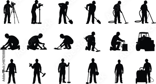 Construction worker silhouettes collection, black illustration showing tools, equipment, laborers, industrial jobs, engineering, maintenance, and building workers on white