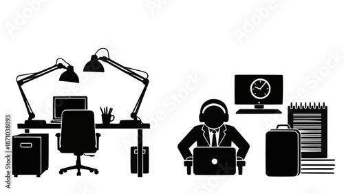 Modern office workspace with desk and computer user.