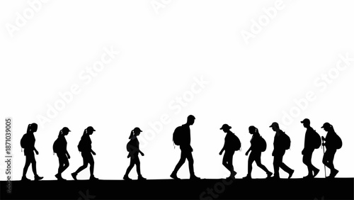 Silhouette of a group of people walking in a line.