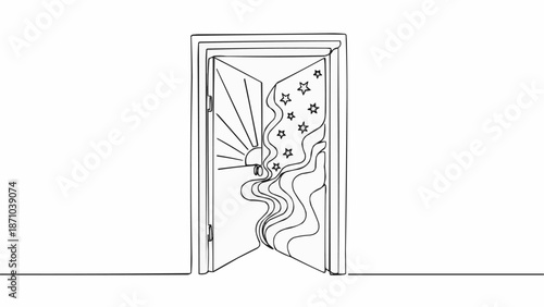 Open Doorway with Cosmic Sun and Stars Illustration.