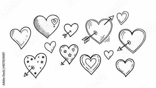 Collection of Hand Drawn Hearts with Arrows and Patterns.