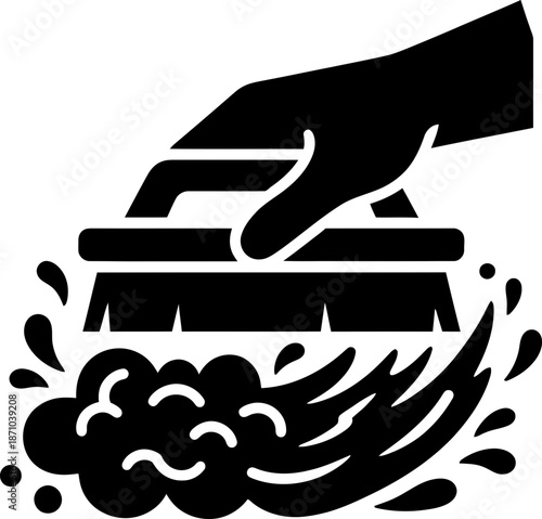 Hand scrubbing dirt with a brush. Cleaning concept. Vector icon for house chores, hygiene, sanitation, disinfection, household tasks