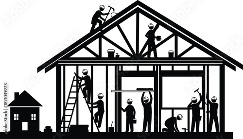 Construction workers building house frame, silhouette illustration showing carpenters, roofers, teamwork, renovation, residential development, and home improvement on white