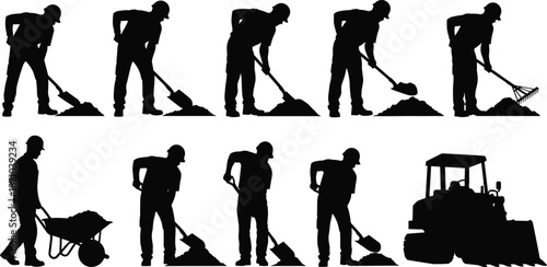 Construction worker silhouettes digging soil with shovel, rake, wheelbarrow, and bulldozer, showing earthmoving process for building and infrastructure projects