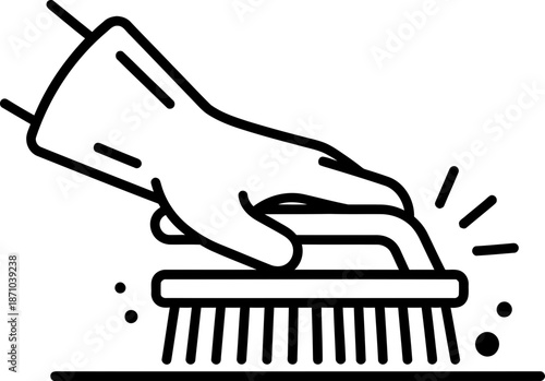 Hand in glove scrubbing with a brush cleaning dirt and grime. Hygiene and disinfection concept. Outline vector illustration for icon