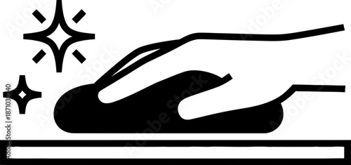 Hand rubbing a clean surface with sparkling effect. Hygiene and cleaning concept. Vector glyph icon for website, app, infographic design