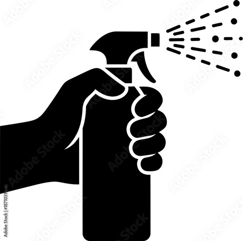Hand holding spray bottle spraying liquid. Disinfection, cleaning, hygiene, and refreshment concept. Black illustration for icon, symbol, pictogram
