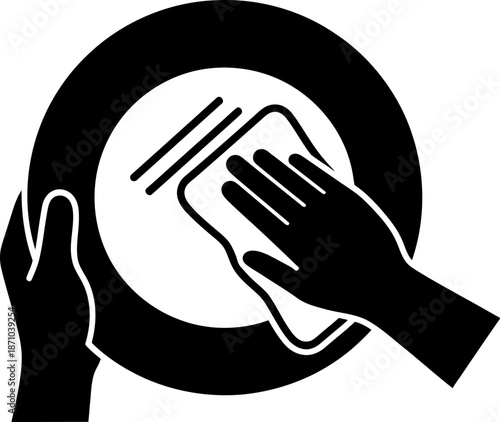 Two hands washing a plate with a sponge. Dishwashing, cleaning, hygiene or chores concept. Black flat line vector icon