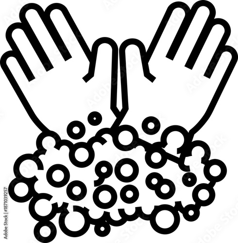 Human hands washing with soap foam or sanitizer. Hygiene and sanitation concept. Black outline vector icon for clean care design