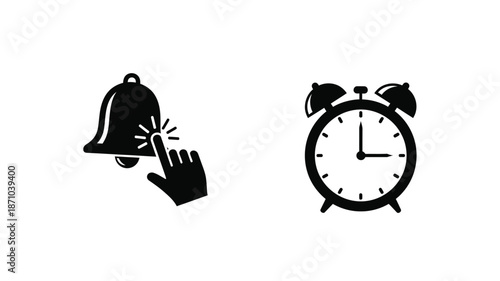 A simple illustration depicting a ringing bell and a classic alarm clock