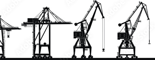 Harbor cranes silhouettes, black illustration showing cargo handling, port operations, shipping logistics, heavy machinery, and industrial dockyard equipment on white background