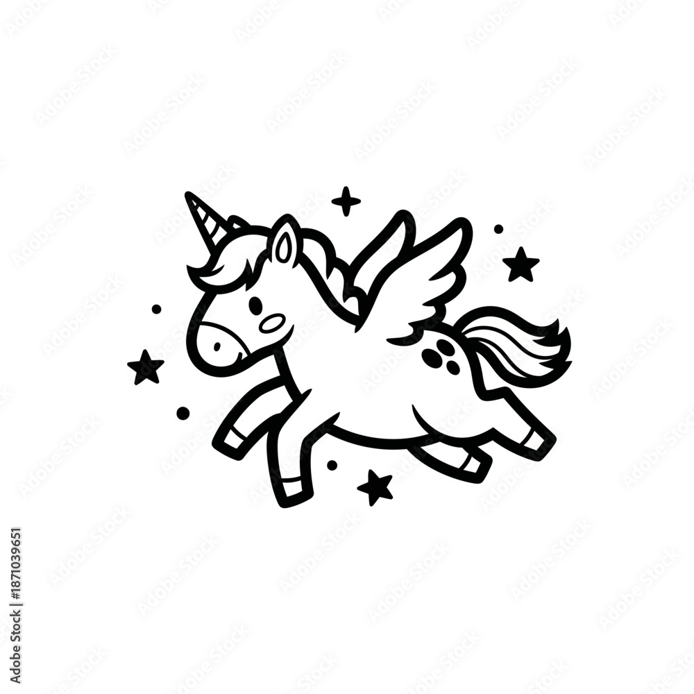 Fototapeta premium Cute cartoon winged unicorn with a horn flying in a starry night sky with sparkles and dots illustration for children fantasy and magic with mythical creature