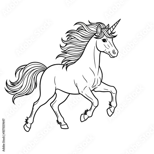 Elegant line art illustration of a majestic unicorn with a flowing mane and tail prancing with its horn pointed forward on a white background in a dynamic pose