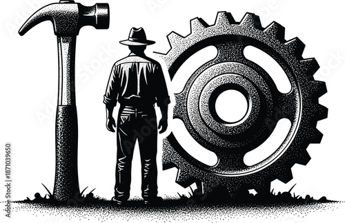 Industrial worker with hammer and gear symbol showing engineering construction power isolated black textured illustration on white background conceptual vector art