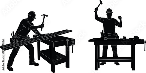 Carpenter and construction worker silhouettes using hammer and workbench, showing woodworking, repair, and craftsmanship for industrial building and renovation projects