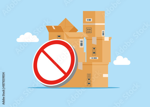 Red prohibition sign NO near boxes. Assessment of damage from sanctions or embargo. Effect of restrictive measures. Flat vector illustration