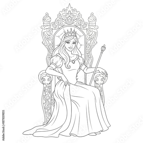 Beautifully illustrated princess with a crown and scepter sitting elegantly on an ornate throne in a regal pose black and white line art for coloring