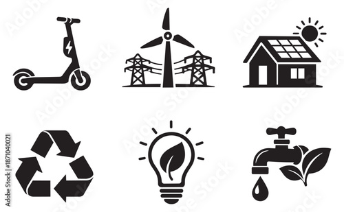 Modern solid icon set featuring electric scooter, wind energy, solar house, recycling, green light bulb, and water conservation for sustainability concepts