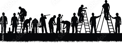 Construction workers silhouette team working with ladders tools on site, labor workforce concept, industrial teamwork, black shadow illustration